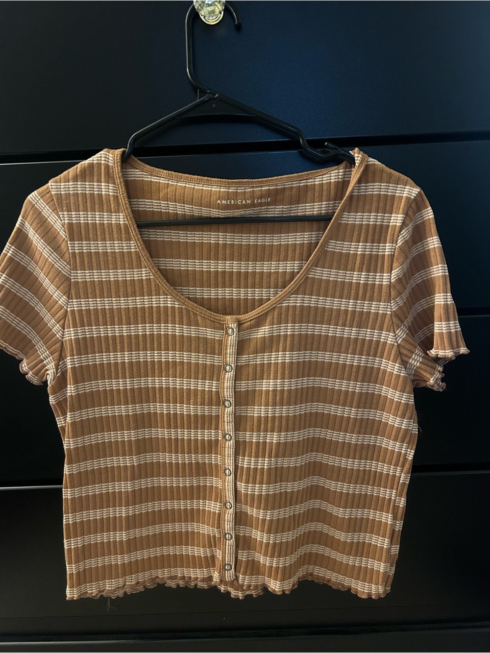 American Eagle Outfitters Brown and White Striped Ribbed Button-Front Crop Top